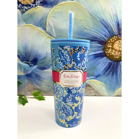 Lilly Pulitzer Travel Drink Tumbler With Straw in Turtley Awesome 24 oz Blue - Picture 4 of 9